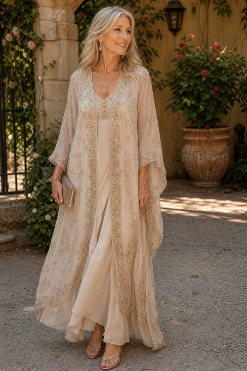 A woman wears a flowing ivory embellished kaftan over a long dress with strappy sandals in a garden setting.