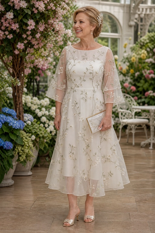Ivory Floral Embroidered Dress Woman wearing an ivory floral embroidered dress with sheer sleeves, a matching clutch, and metallic sandals in a garden setting.