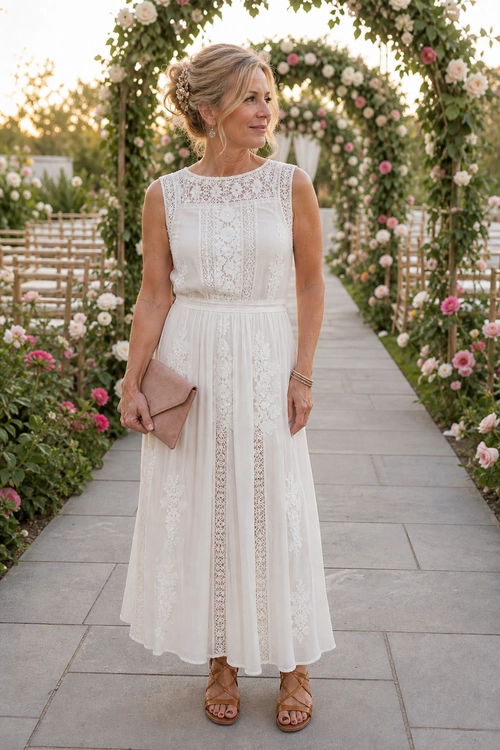 A woman wears an ivory sleeveless lace-paneled dress with tan strappy sandals and carries a blush clutch in a flower-filled garden.
