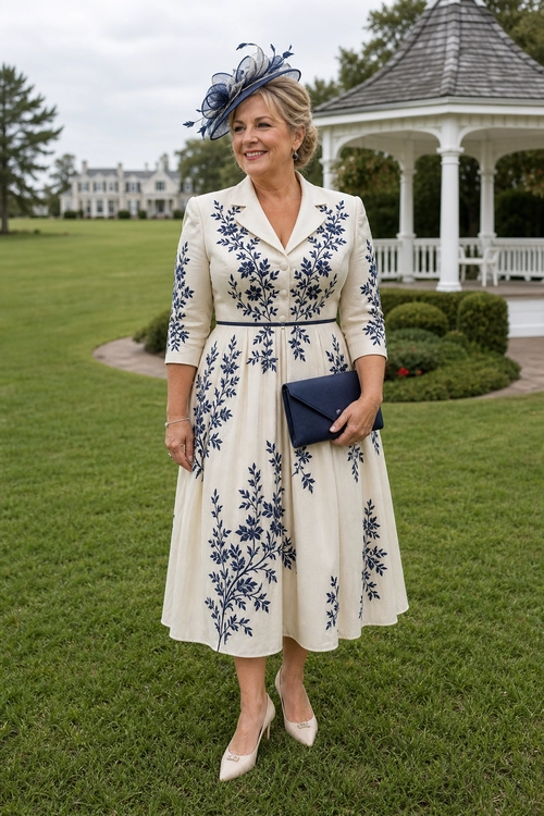 A woman wears an ivory midi dress with navy floral detailing, a matching waist belt, navy fascinator, clutch, and pointed heels outdoors.