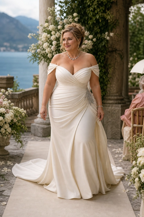 A woman wears an ivory off-shoulder bridal gown with gathered draping, a flowing train, and silver jewelry.