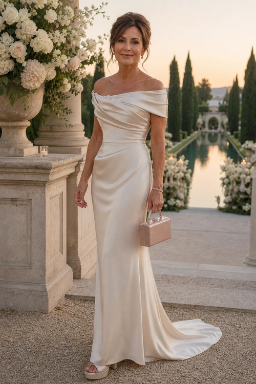 Ivory Off-Shoulder Draped Gown Woman wearing an ivory off-shoulder draped floor-length gown with platform sandals and a blush pink handbag.