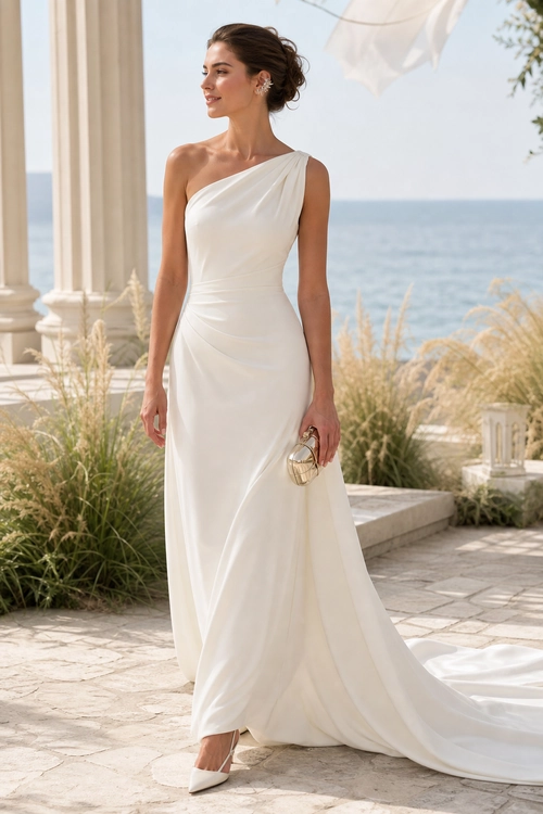 Ivory One-Shoulder Gown Woman wearing an ivory one-shoulder floor-length gown with a flowing train, white pointed-toe heels, and a small metallic clutch.