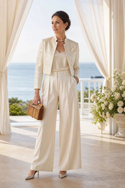 Ivory Resort Tailoring Outfit Woman wearing an ivory cropped jacket, camisole, wide-leg trousers, pointed heels, and carrying a structured wooden handbag in a bright seaside setting.