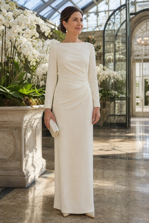 Ivory Ruched Column Dress Woman wearing a long ivory ruched column dress with pointed shoes and a matching clutch.