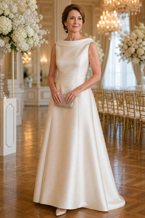 Elegant Ivory Satin Evening Gown A woman wears an ivory sleeveless satin floor-length gown with a draped neckline, pointed-toe shoes, drop earrings, and a small metallic clutch.
