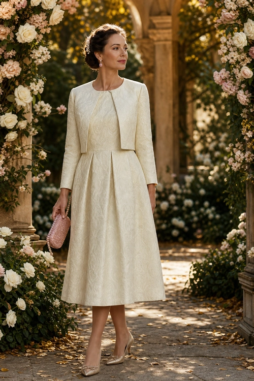 Ivory Textured Skirt Suit A woman wears an ivory textured cropped jacket with a matching pleated midi skirt, nude pointed heels, and a pink beaded clutch.