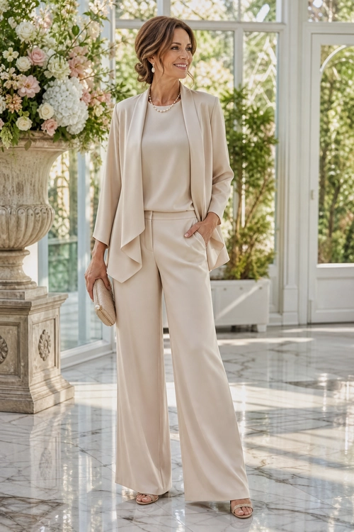 Elegant Ivory Wide-Leg Suit Woman wearing an ivory draped blazer, satin top, wide-leg trousers, flat sandals, and carrying a small clutch.