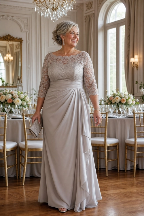 Elegant Lace Evening Gown A woman wears a floor-length champagne gown with a lace bodice, three-quarter sleeves, a draped skirt, and a matching clutch.