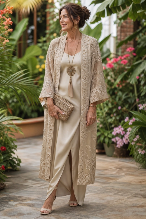 A woman wears a beige lace kimono over an ivory satin dress with a front slit, pendant necklace, clutch, and heeled sandals.