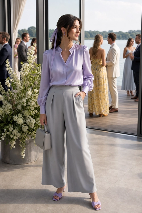 Lavender Blouse and Wide-Leg Trousers A woman wears a lavender long-sleeve blouse with gray wide-leg trousers, lavender sandals, and a structured gray handbag.