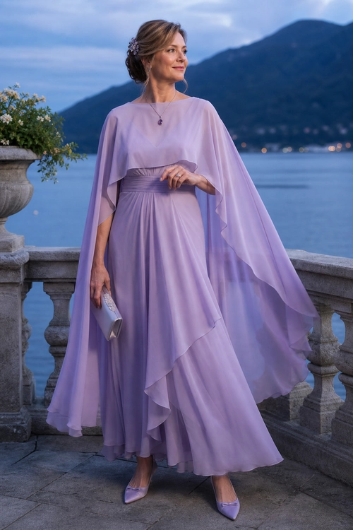 Woman wearing a flowing lavender floor-length dress with sheer cape sleeves, pointed heels, and a metallic clutch.