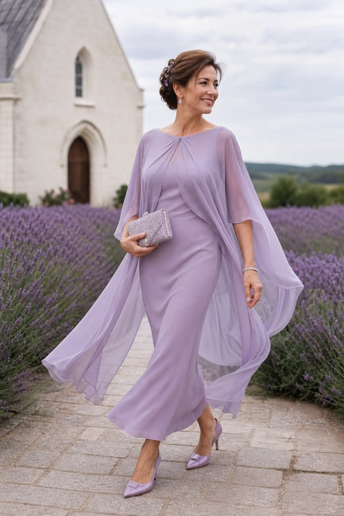 Lavender Draped Dress Look A woman wears a flowing lavender dress with sheer draped sleeves, matching pointed-toe heels, and a textured clutch.