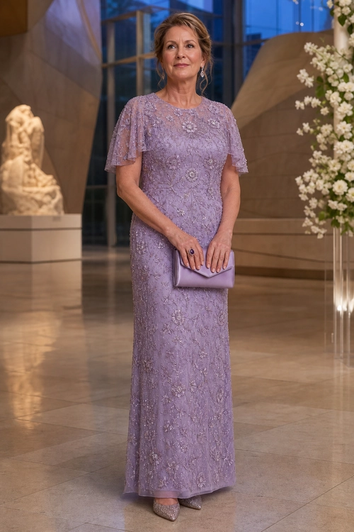 Lavender Lace Evening Dress A woman wears a floor-length lavender lace dress with flutter sleeves, a matching clutch, drop earrings, and embellished pointed shoes.