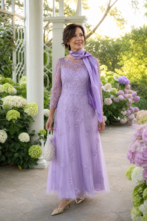 Lavender Lace Garden Party Outfit A woman wears a lavender lace-overlay dress with a matching scarf, beaded handbag, and pointed flats in a garden setting.