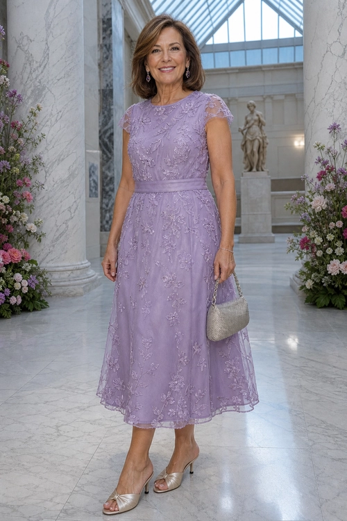 Woman wearing a lavender floral lace midi dress with metallic sandals and a silver clutch.