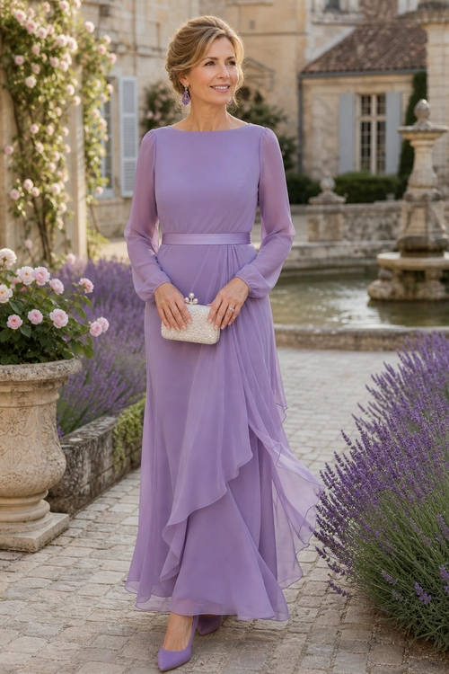 Lavender Long-Sleeve Evening Gown Woman wearing a flowing lavender long-sleeve gown with purple heels and a beaded cream clutch in a garden setting.