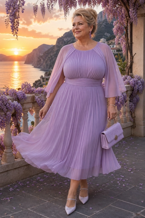A woman wearing a lavender pleated midi dress with sheer sleeves, a matching clutch, and pointed strap shoes.