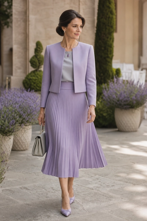 A woman wears a lavender cropped jacket with a matching pleated midi skirt, pale gray top, lavender pumps, and a structured handbag.