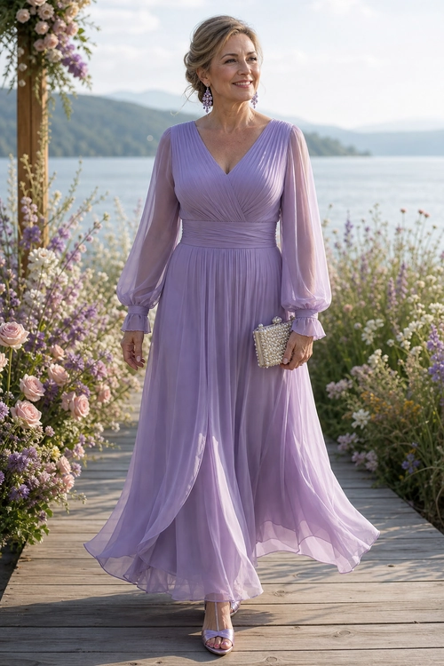 A woman wears a flowing lavender pleated wrap dress with sheer long sleeves, dangling earrings, a beaded clutch, and strappy heels on a garden walkway.