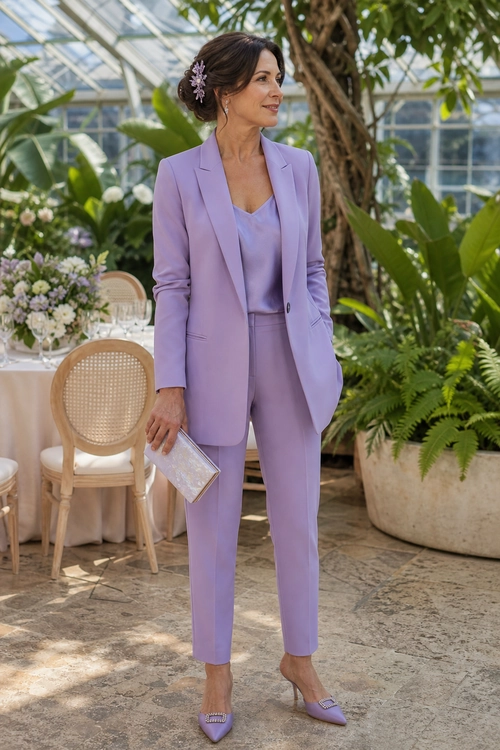 Lavender Tailored Suit Outfit Woman wearing a lavender blazer, camisole, tailored trousers, pointed-toe shoes, and carrying a small clutch.