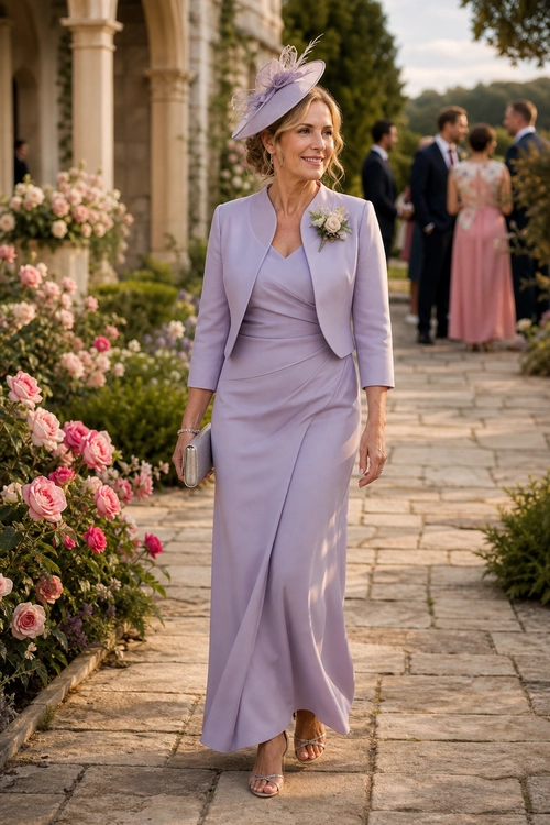 Lavender Wedding Guest Outfit A woman wears a lavender dress with a cropped jacket, matching fascinator, floral brooch, clutch, and heeled sandals.