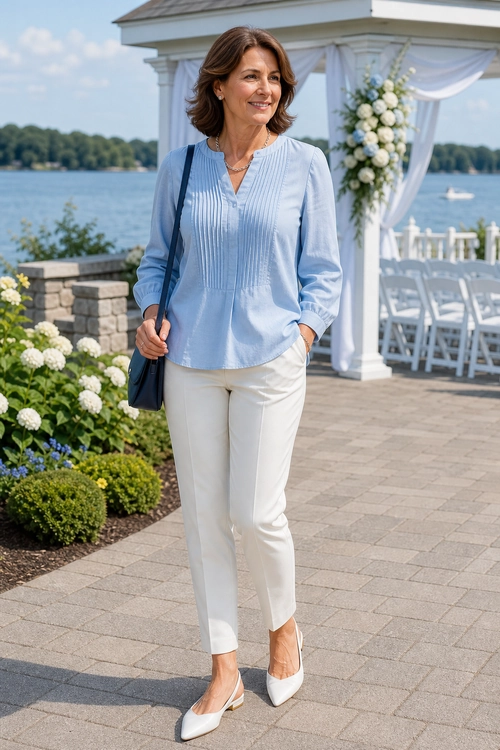 Light Blue Blouse and White Trousers Outfit Woman wearing a light blue pleated blouse, white trousers, white pointed-toe shoes, and a navy shoulder bag outdoors by the water.