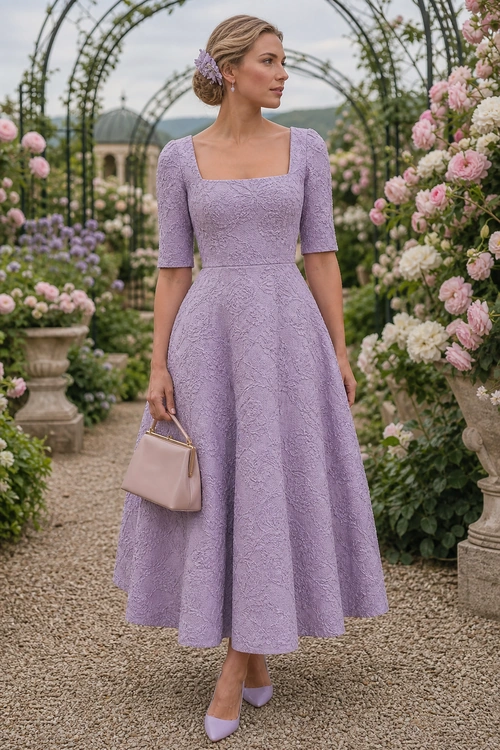 Lilac Lace Garden Party Dress Woman wearing a lilac textured square-neck dress with lavender heels and a blush handbag in a flower-filled garden.