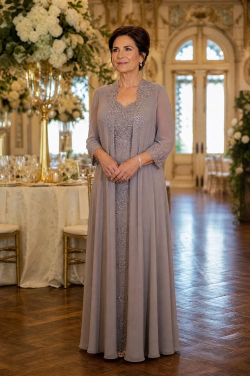 Mauve Embellished Evening Dress A woman wears a floor-length mauve dress with sheer long sleeves and a shimmering embellished front panel.