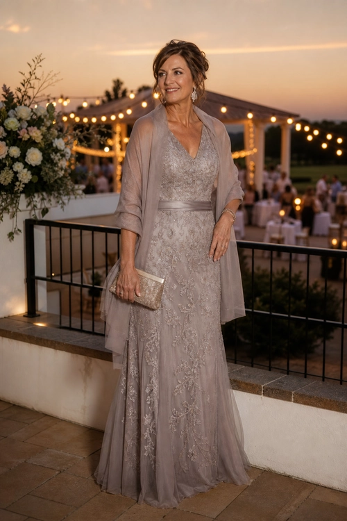 A woman wears a mauve embellished floor-length gown with a sheer matching wrap and metallic clutch at an outdoor evening event.