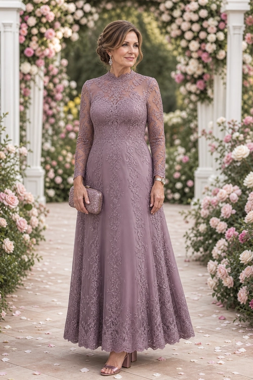 Mauve Lace Evening Dress A woman wearing a long-sleeved mauve lace dress with a matching clutch and open-toe heels.