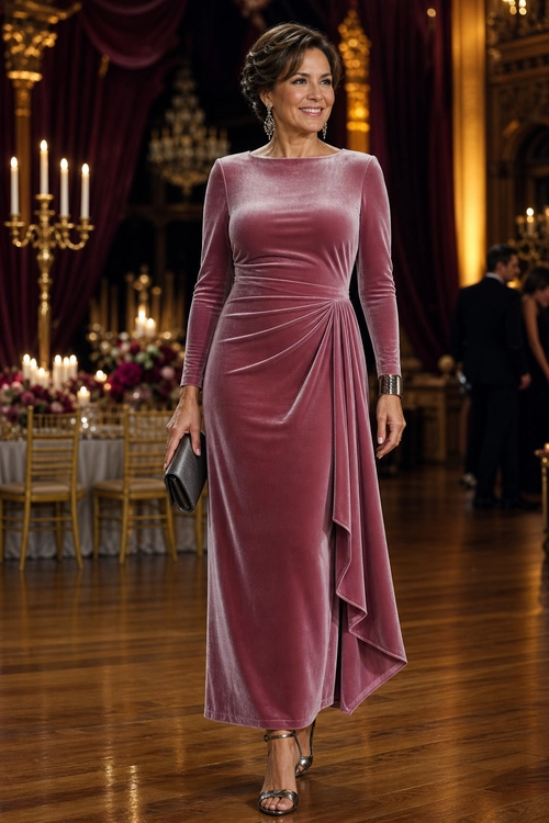 Mauve Velvet Draped Evening Dress Woman wearing a long-sleeve mauve velvet dress with a ruched waist, asymmetric draped skirt, metallic strappy heels, and a black clutch.