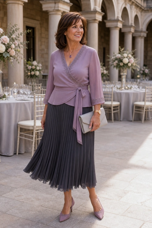 Mauve Wrap Blouse with Pleated Skirt A woman wears a mauve lace-trimmed wrap blouse with a charcoal pleated midi skirt, matching pointed-toe pumps, and a light gray clutch.
