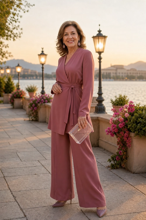 A woman wears a mauve long-sleeve wrap top with a tied waist, matching wide-leg trousers, mauve shoes, drop earrings, and a transparent clutch.