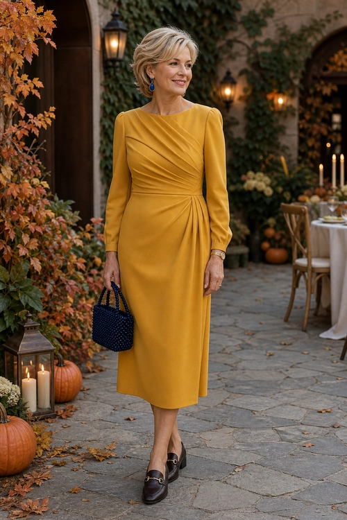 Woman wearing a mustard long-sleeve draped midi dress with dark loafers, blue earrings, and a navy beaded handbag.