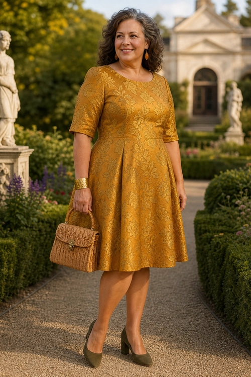Mustard Floral Brocade Dress Outfit A woman wears a mustard-gold floral dress with olive green pumps, a woven handbag, drop earrings, and a gold cuff bracelet.
