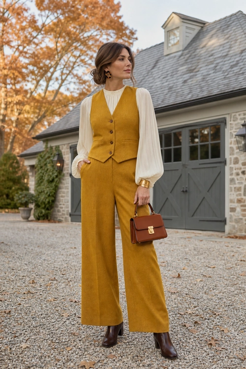 Mustard Vest and Wide-Leg Trousers A mustard sleeveless vest and wide-leg trousers are styled with an ivory blouse, brown ankle boots, and a structured brown handbag.