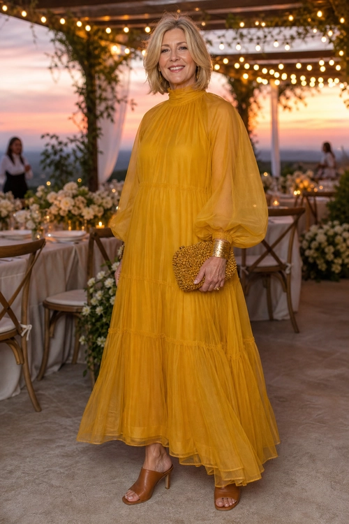 Mustard Yellow Tiered Maxi Dress A woman wears a mustard yellow high-neck tiered maxi dress with sheer long sleeves, brown heeled sandals, a beaded clutch, and metallic bracelets.