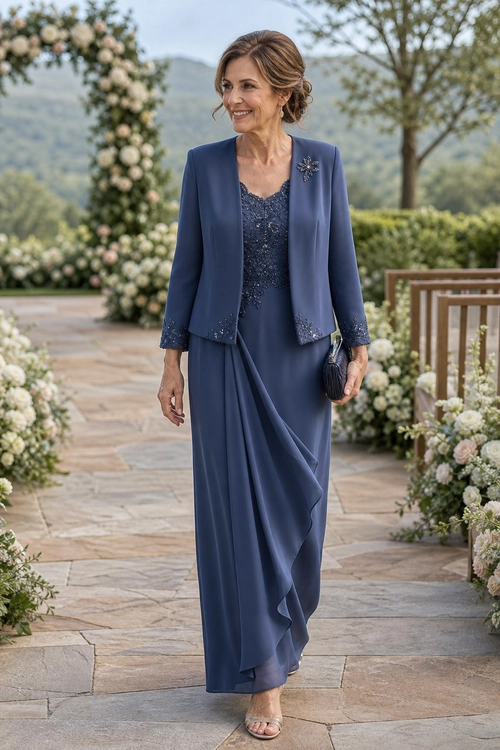 Navy Blue Jacket Dress A woman wears a navy blue long dress with a matching cropped jacket, floral brooch, dark clutch, and nude sandals.
