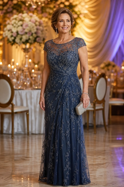 Navy Blue Lace Evening Gown A woman wears a floor-length navy blue gown with sheer lace sleeves and floral embellishments, styled with a metallic clutch, drop earrings, and a bracelet.