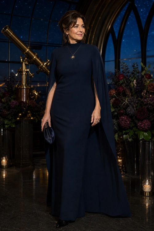 Navy Cape-Sleeve Evening Dress A woman wears a floor-length navy dress with flowing cape sleeves, a pendant necklace, and a small dark clutch.