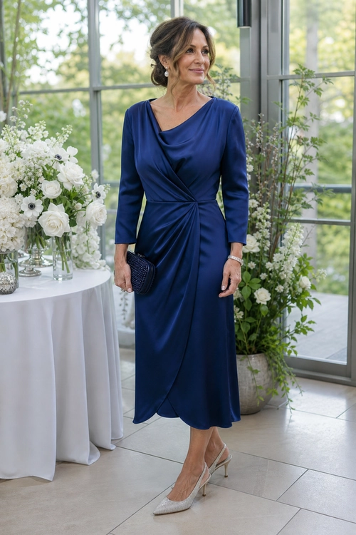 A woman wears a long-sleeve navy draped midi dress with a gathered waist, textured clutch, and pointed heels.
