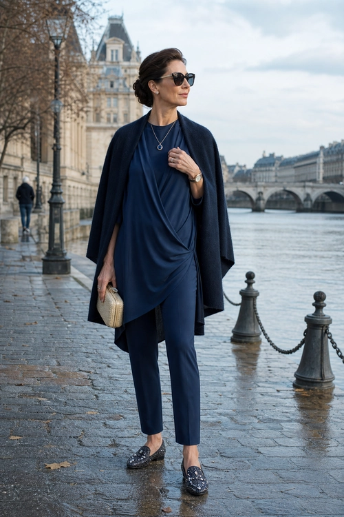Navy Draped Trouser Look A woman wears a navy draped top, matching cropped trousers, and a flowing cape with embellished loafers and a small clutch.