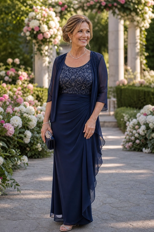 Navy Embellished Evening Dress Woman wearing a navy floor-length dress with an embellished bodice and sheer matching overlay in a flower-filled garden.