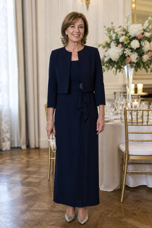 A woman wears a navy long dress with a matching cropped jacket, pointed metallic pumps, and a small silver clutch at an elegant formal dining setting.