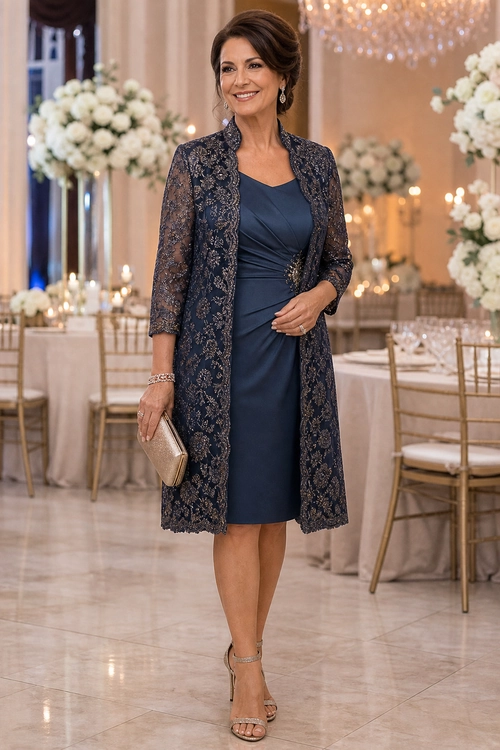 Woman wearing a navy dress with a long floral lace coat, metallic clutch, jewelry, and heeled sandals.