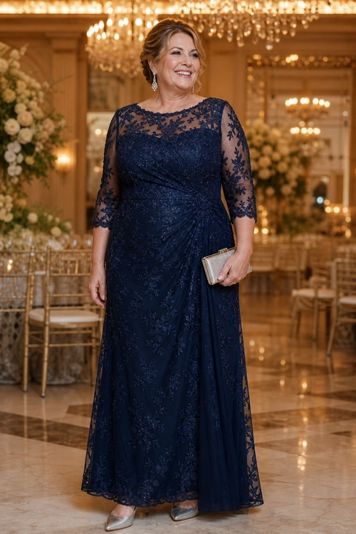 Navy Lace Evening Dress A woman wears a floor-length navy lace dress with sheer three-quarter sleeves, silver pointed heels, and a silver clutch.
