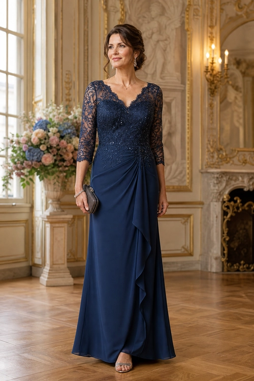 Navy Lace Evening Gown A woman wears a navy blue evening gown with lace sleeves, a draped skirt, a small clutch, and strappy sandals.