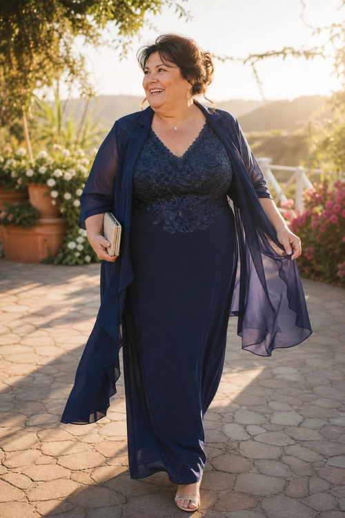 Navy Lace Maxi Dress A woman wears a navy lace maxi dress with a sheer flowing overlay, neutral sandals, drop earrings, and a clutch.