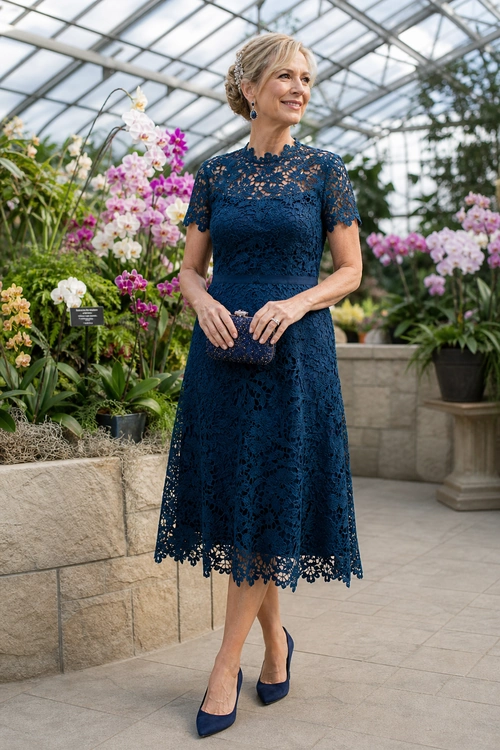 A woman wearing a navy blue lace midi dress with matching pumps and a clutch in a conservatory garden.